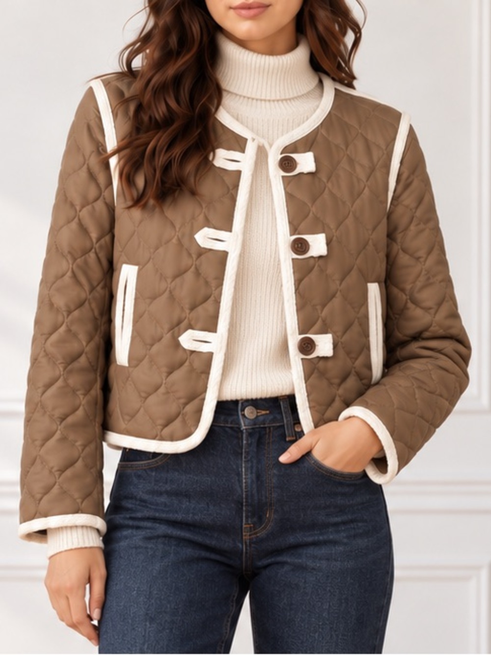 NWT Böhme Tabitha Quilted Faux Leather Jacket M Mocha Ivory Trim Button Front